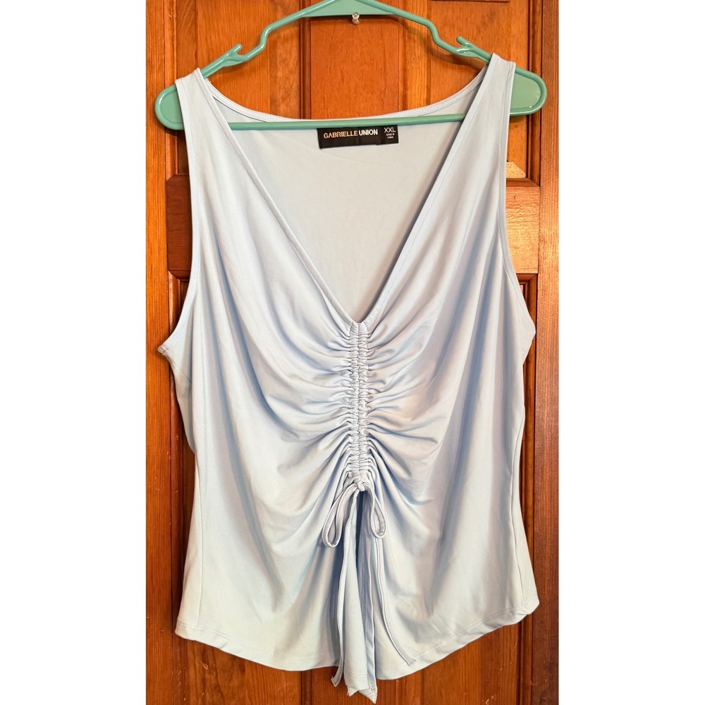 Gabrielle Union Light Blue Ruched Front Drawstring V-Neck Tank Top XXL